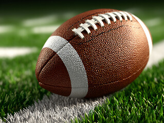 close-up sports photograph of a single american football resting on a white line of an artificial tu