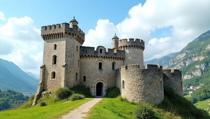 Ancient stone castle, weathered towers, majestic facade, fortress, gate