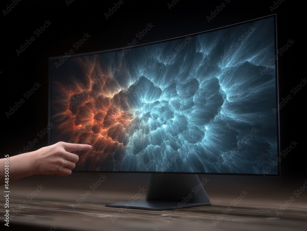 Poster a hand interacting with a high-tech curved monitor displaying vibrant cosmic patterns of blue and or