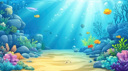 Fototapeta premium An underwater cartoon scene with fish, coral, and sunbeams.