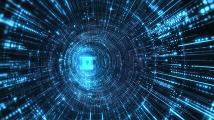 Obraz premium Abstract blue digital data tunnel, network, and glowing security lock.