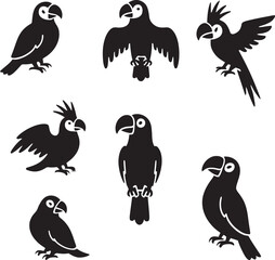 Obraz premium A set of black and white vector parrots in various poses. 