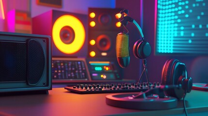 A vibrant recording studio setup with a microphone, headphones, speakers and mixing board