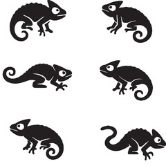 Naklejka premium A set of black and white vector lizards/chameleons in varied pose. 