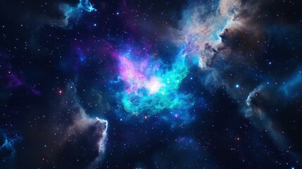 Naklejka premium Dramatic nebula with swirling cosmic dust and radiant starlight.