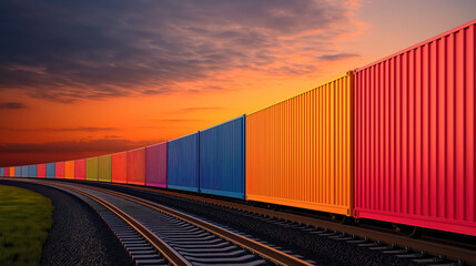 Obraz premium Freight train with cargo containers on a railway track at sunset.
