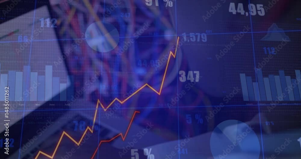 Poster displaying finance dashboard overlaying blurred desk, showing colored line graphs and bar charts