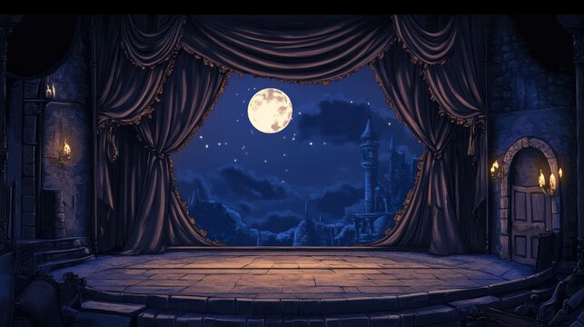 A theatrical stage illustration with moonlit castle backdrop