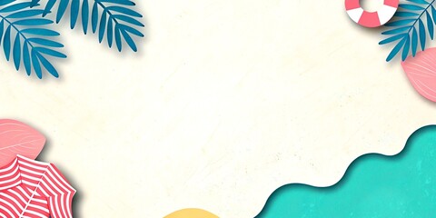 summer background featuring tropical motifs like palm leaves, beach waves, parasols, and lifebuoys. Ideal for seasonal greetings, advertisements, and party invitations. © HanzongSTD