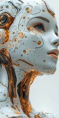 Close up of a Cyborg Woman with Metallic Wiring and Blue Eyes