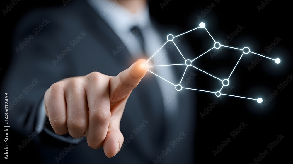 Poster within a virtual metaverse setting, a businessman engages with ai-powered digital elements symbolizi