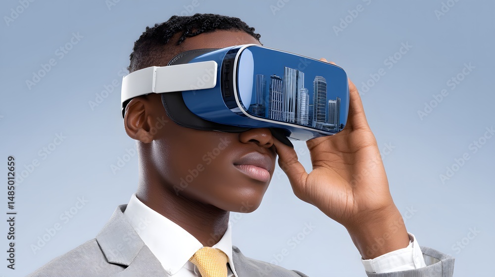 Poster amidst a digital landscape, a businessman interacts with virtual metaverse interfaces connected to a