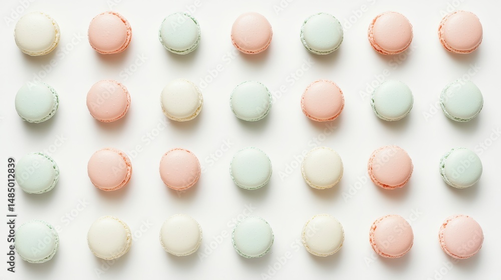 Poster pastel macarons arranged in a neat grid pattern on a white background.