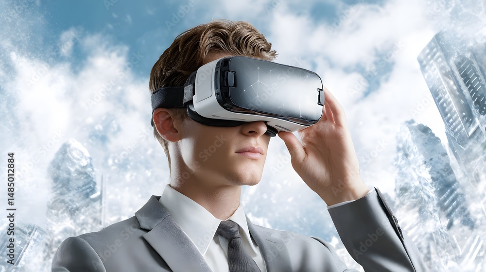 Poster a businessman immersed in a virtual reality environment navigates through a metaverse enhanced by ai