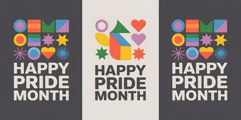 Fototapeta premium happy pride month colorful geometric design with modern lgbt symbols and bold typography on black and white backgrounds