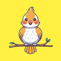 Cute Cartoon Bird Perched on a Branch with a Yellow Background