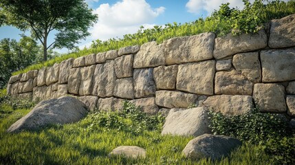 Stone wall green grass outdoor nature scene architectural design