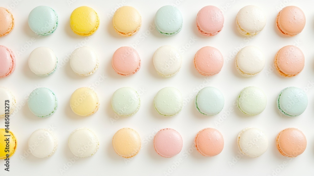 Poster pastel-colored macarons arranged in neat rows on a white background.