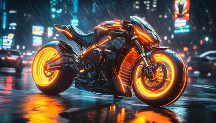 Futuristic motorcycle on wet city street illuminated by neon glow during rain, conveying a modern tech atmosphere