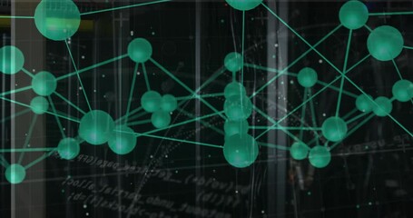 Digital network forming in scene, with translucent spheres, glowing lines, server racks - Powered by Adobe