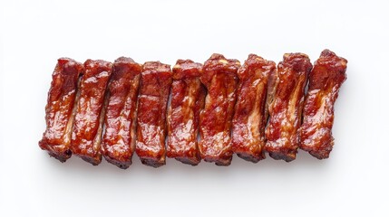 Ten delicious BBQ pork ribs arranged neatly on a white background.