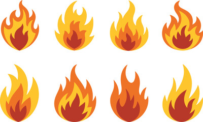 Collection of eight stylized fire flames isolated on a white background