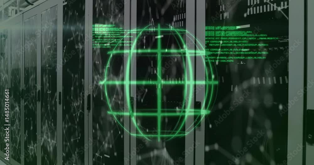 Poster green wireframe globe floating above server racks, highlighting network connections in 3d render