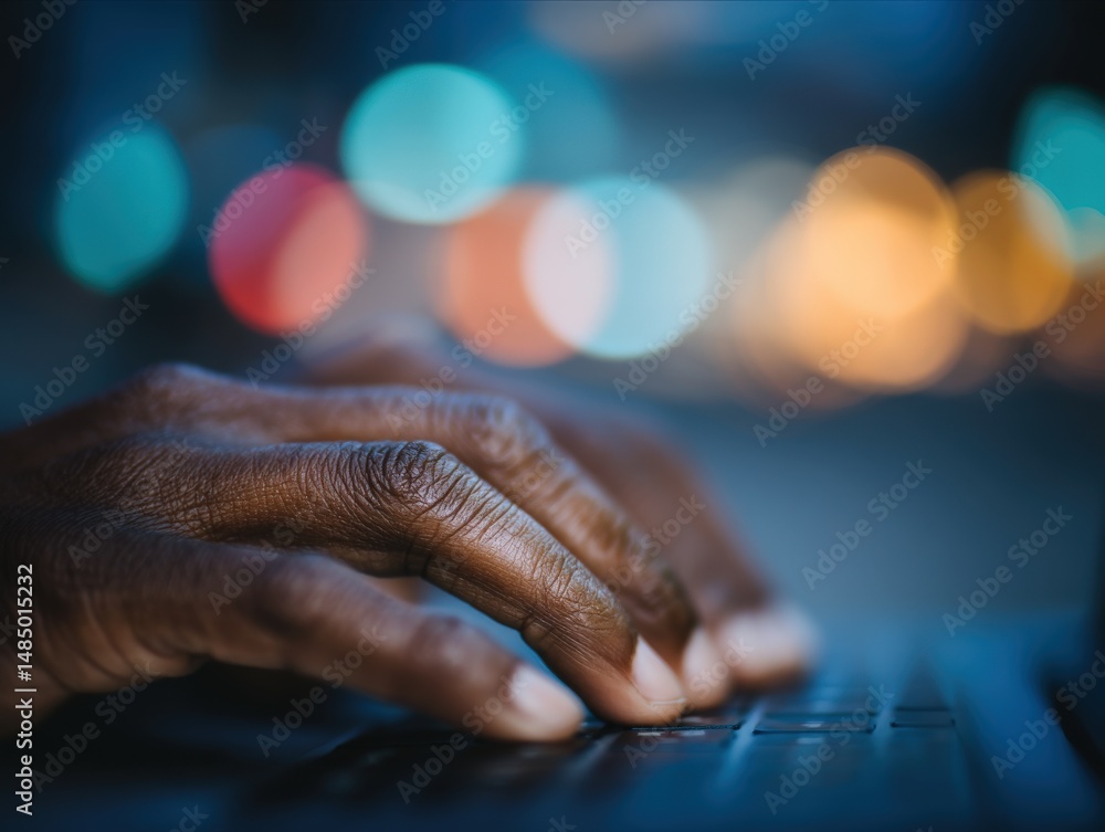 Poster close-up of a hand typing on a laptop keyboard with vibrant bokeh lights in the background highlight