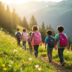 school children jumping at an outing, excursion, or field trip, at a beautiful mountain trail