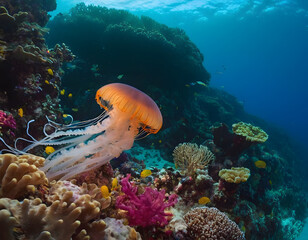 Jellyfish in the ocean with a stunning coral reef in the background, Wildlife concept banner with text space. coral reef in the sea.