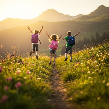 school children jumping at an outing, excursion, or field trip, at a beautiful mountain trail