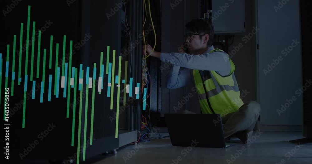 Poster male technician crouching server room, handling network cables with floating tech waveform overlay