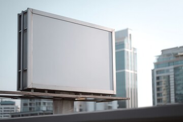Fototapeta premium Blank billboard in an urban setting, offering a neutral canvas for advertisements and announcements amidst city buildings and clear skies.