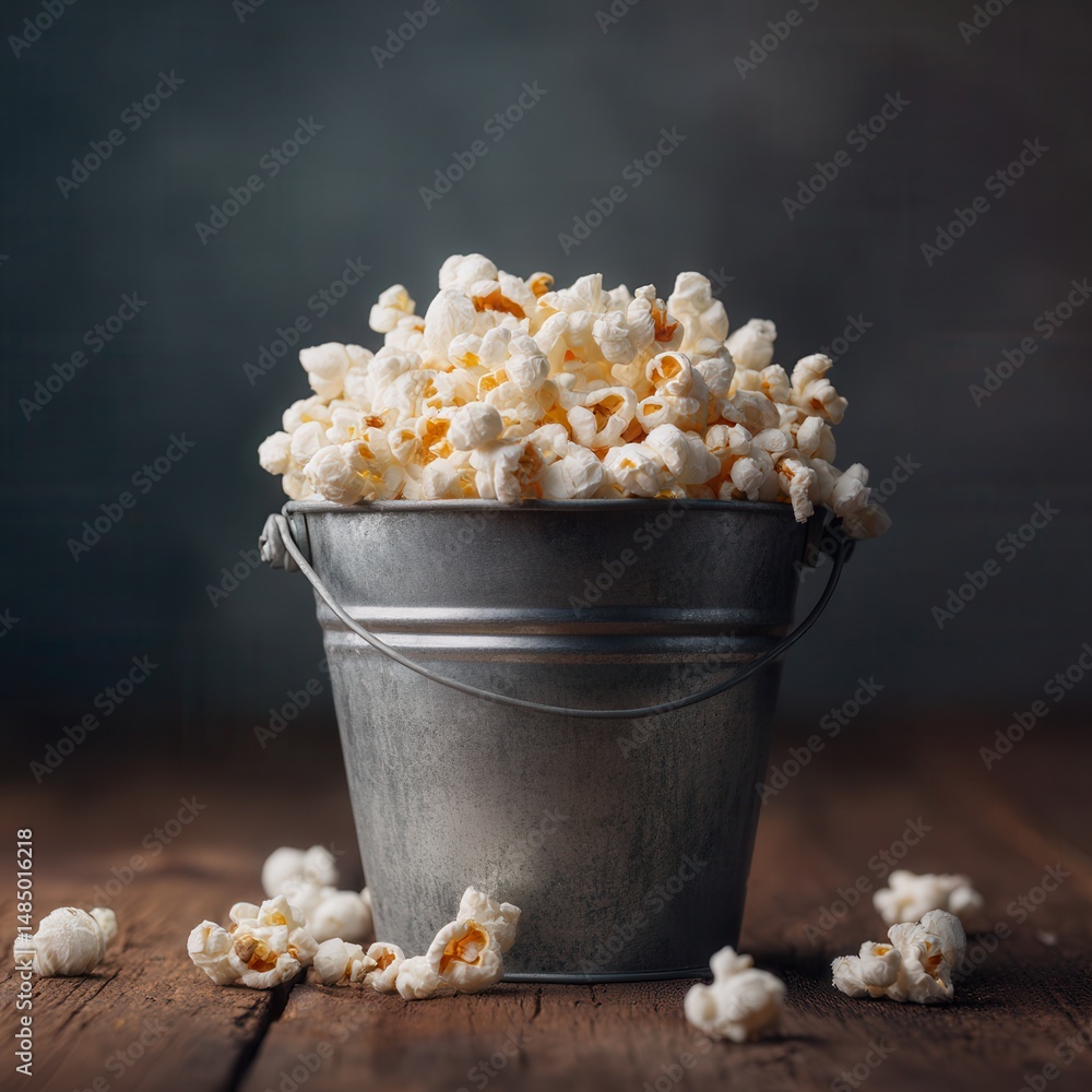 Poster a metal bucket overflowing with popcorn. scattered popcorn pieces on a wooden surface against a dark