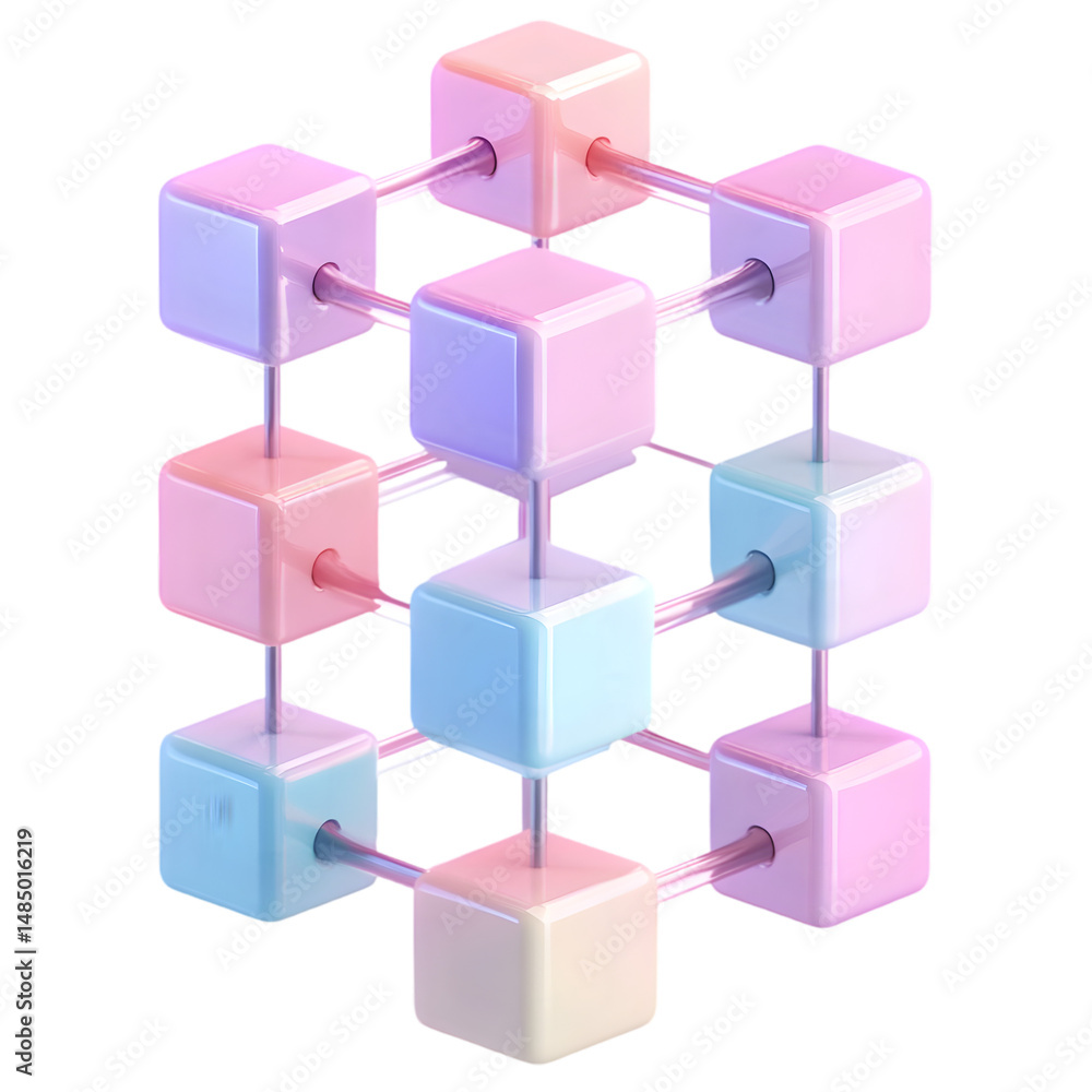 Poster vibrant, colorful 3d rendering of interconnected pastel-colored cubes forming a complex geometric st