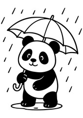 Cute black and white vector panda walking with umbrella under the rain. Perfect for engraving, print, logo, and creative illustrations