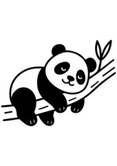 Cute black and white vector panda sleeping on a tree branch with leaves. Ideal for engraving, prints, logos, and children’s designs