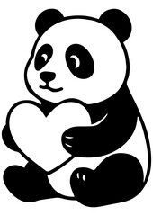 Naklejka premium Adorable black and white vector of a panda holding a heart. Ideal for engraving, logos, prints, books, and creative design projects