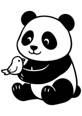 Fototapeta premium Cute black and white vector of a panda holding a small bird. Ideal for engraving, logos, prints, and creative illustration projects