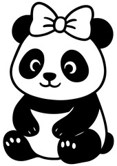 Fototapeta premium Cute black and white vector of a panda with a bow on its head. Perfect for engraving, print, logo, and creative design projects