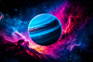 A blue and pink planet in the middle of a nebula