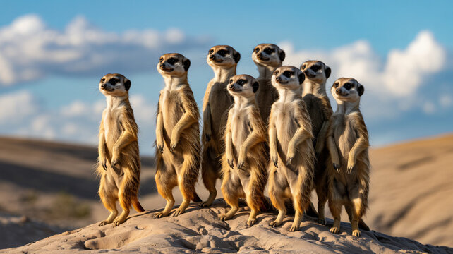 Group of meerkats standing upright in alert posture on a sandy hilltop under a clear blue sky