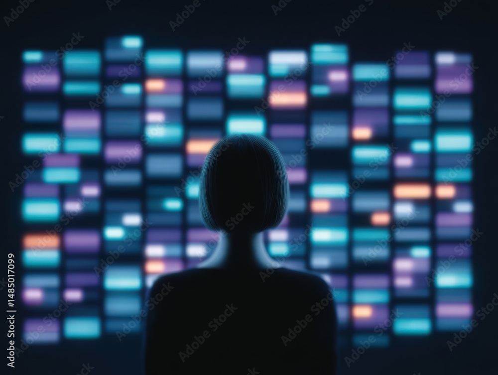 Aufkleber woman observing vibrant digital data display showcasing trends and patterns in a contemporary techno