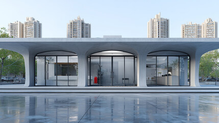 Minimalist Museum Architecture: Surreal Concrete Exterior with Three Columns. Modern Exhibition Hall Design for Car Advertising. Creative Abstract Commercial Background with Hyper-Realistic Rendering