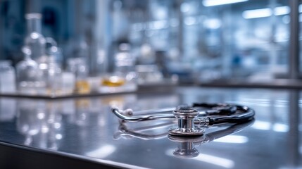 Medical Stethoscope on a Reflective Steel Surface in a Modern Laboratory Setting