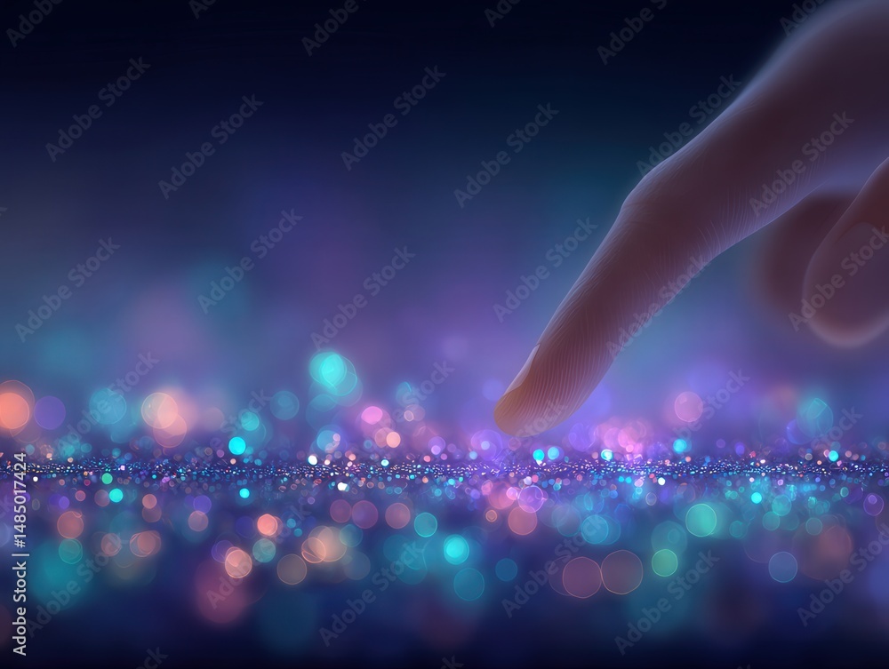 Poster a delicate fingertip reaching toward a shimmering array of colorful bokeh lights creating an enchant