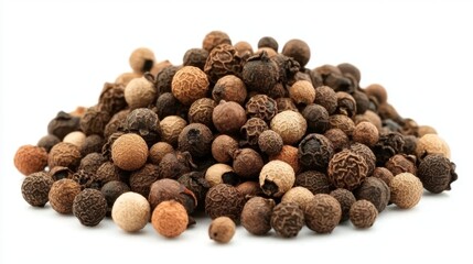 Isolated on a white background, a distinct pile of black allspice.