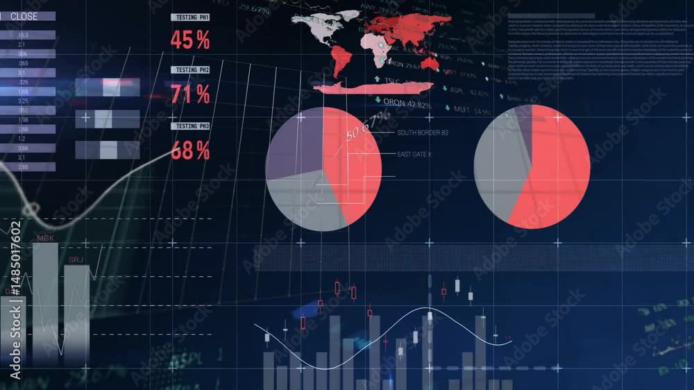 Poster digital data dashboard animating on dark blue interface, showing world map, pie charts, bar graph