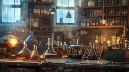 Naklejka premium Vintage laboratory scene with bubbling flasks and glassware