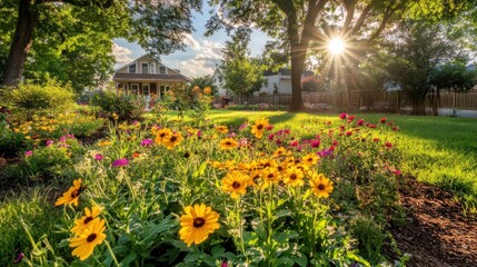 Vibrant summer garden with blooming flowers and house in background